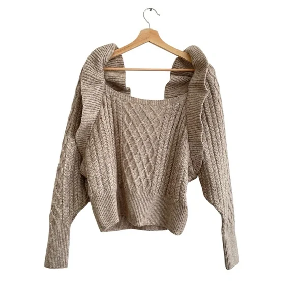 H&M Sweater Ruffle Large Cable Knit Ribbed Coquette Prairie NWT - Picture 5 of 14
